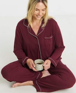 Pretty Secrets Button Through Pj Set - Burgundy